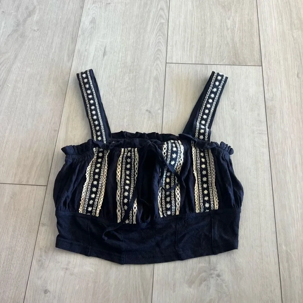 Free People Tops Crop Blue White Embroidered size s